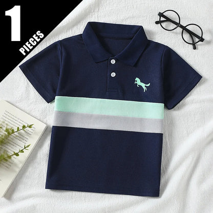 Boys' Striped Polo T-Shirt - Casual Short-Sleeve Lapel Top for Kids