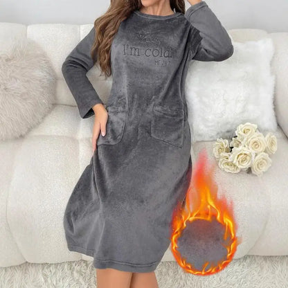 Women's Warm Fleece Nightgown - Soft Long Sleeve Velvet Home Dress for Autumn & Winter