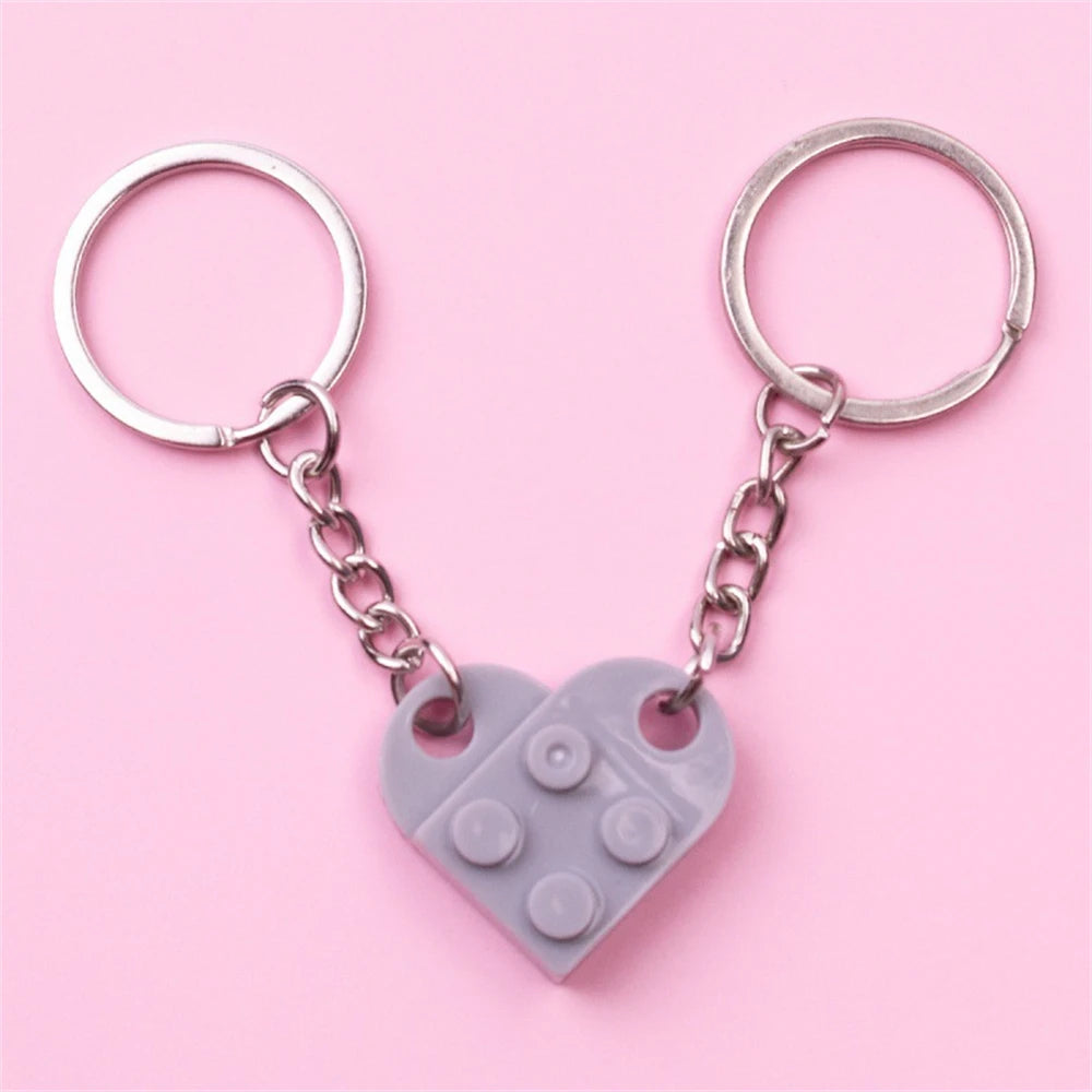 2-Piece Love Heart Brick Keychain Set - Matching Couple and Friendship Building Block Key Rings, Valentine’s Day Gifts