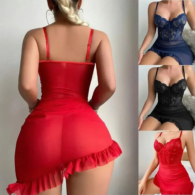 Transparent Underwire Bra & Lingerie Set — Sexy See-Through Lace Nightdress Pajamas for Women
