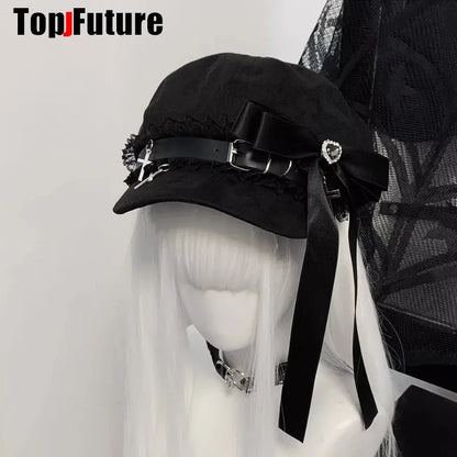 Custom Harajuku Gothic Lolita Beret Hat – Y2K Punk Lace Bow Cap for Women, Handmade Decorative Sun Hat