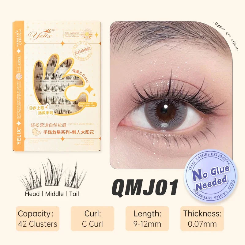Yelix Self-Adhesive False Eyelashes — Reusable DIY Cluster Lashes, Glue-Free, Natural Soft