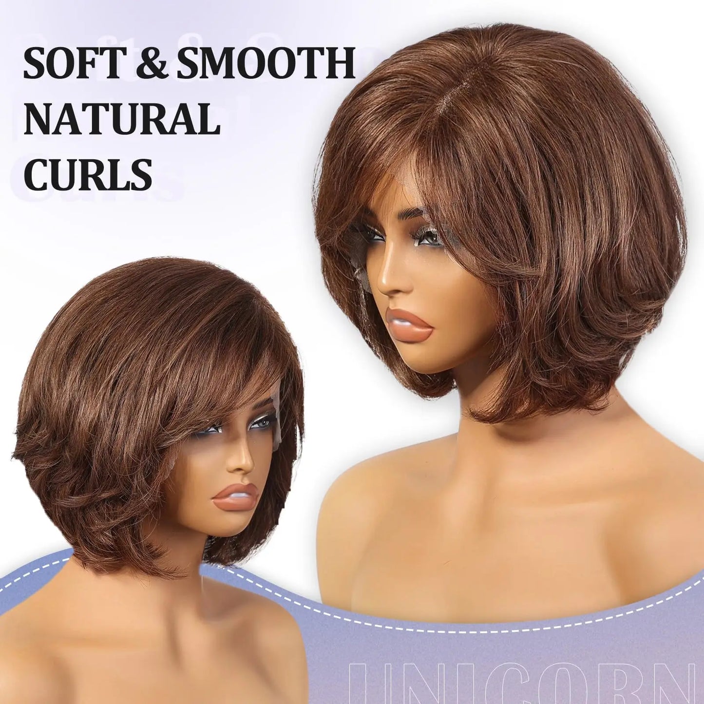 100% Remy Human Hair Transparent Lace Frontal Wig – Short Wavy Ash Brown Ombre Pixie Cut for White Women