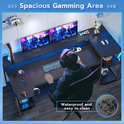70.8'' Gaming Desk with LED Lights – Computer Desk with Storage Shelves, Monitor Stand, Power Outlets & Cup Holder