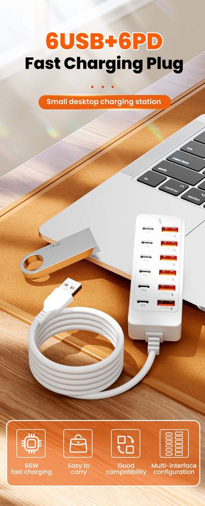 12-in-1 Power Strip & USB Charger Station — Multi-Port Wall/Desktop Adapter with USB-C Fast Charging for iPhone & Samsung