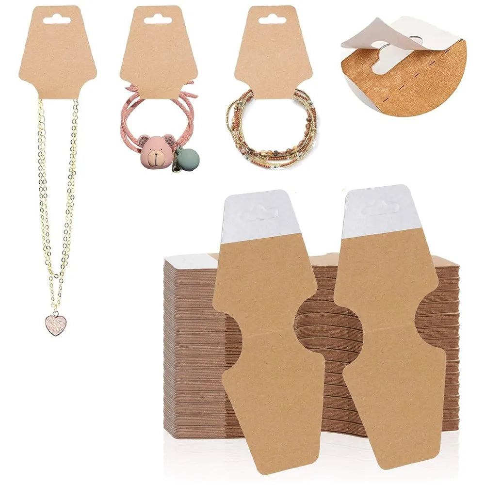 50PCS Blank Jewelry Display Cards — Foldable Adhesive Price Tag Holders for Necklaces & Bracelets, Small Business Packaging Supplies