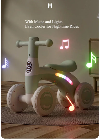 Anti-Tip Baby Balance Bike — 4-Wheel Silent Glider Walker for Ages 1-3, Toddler Training Ride-On with Safety Wheels for Indoor & Outdoor Use