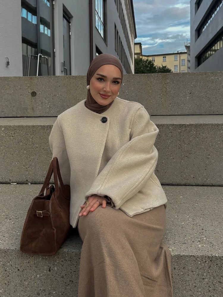 2024 Women's Elegant Solid Wool Blend Cardigan Coat – Round Neck, Single Button, Long Sleeve High Street Outwear