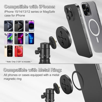 Magnetic Phone Holder for MagSafe with 1/4'' & 3/8'' Arri Holes Tripod Mount Adapter - Compatible with iPhone, Samsung, Huawei, Xiaomi Smartphones