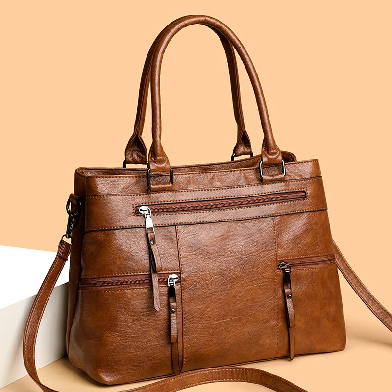 Women's Leather Handbag - Elegant Top-Handle Shoulder Crossbody Bag & Casual Tote Purse