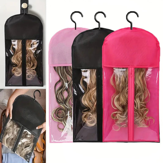 Transparent Wig Storage Bag with Hooks - Dustproof Wall Mounted Organizer for Salon & Home Hair Accessories