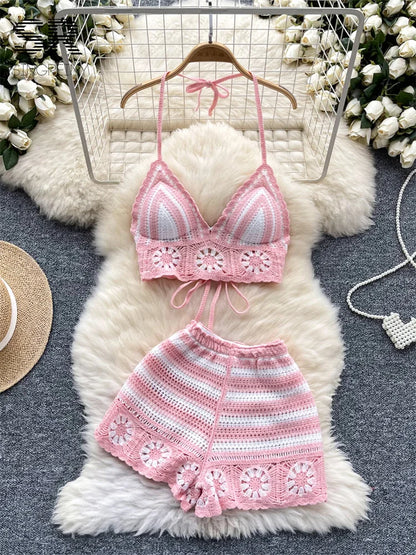 SINGREINY Women's Beach Knit 2-Piece Set – Halter Lace-Up Camis & Elastic Waist Shorts, Hollow Hook Flower Design
