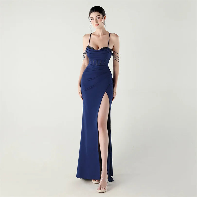 DEERVEADO Women’s Satin Strap Evening Dress — Beaded Sexy Mermaid Slit Long Formal Party Gown