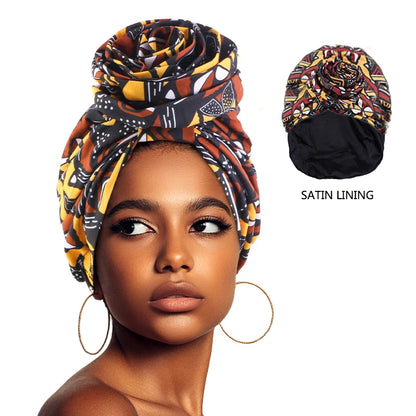 African Satin Lined Turban Cap - Floral Print Big Flower Headwrap Bonnet for Women Muslim Headscarf Beanie Hat