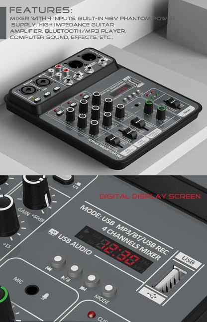 4-Channel Audio Mixer — USB Studio Mixer with 48V Phantom Power & Bluetooth for DJ & Karaoke