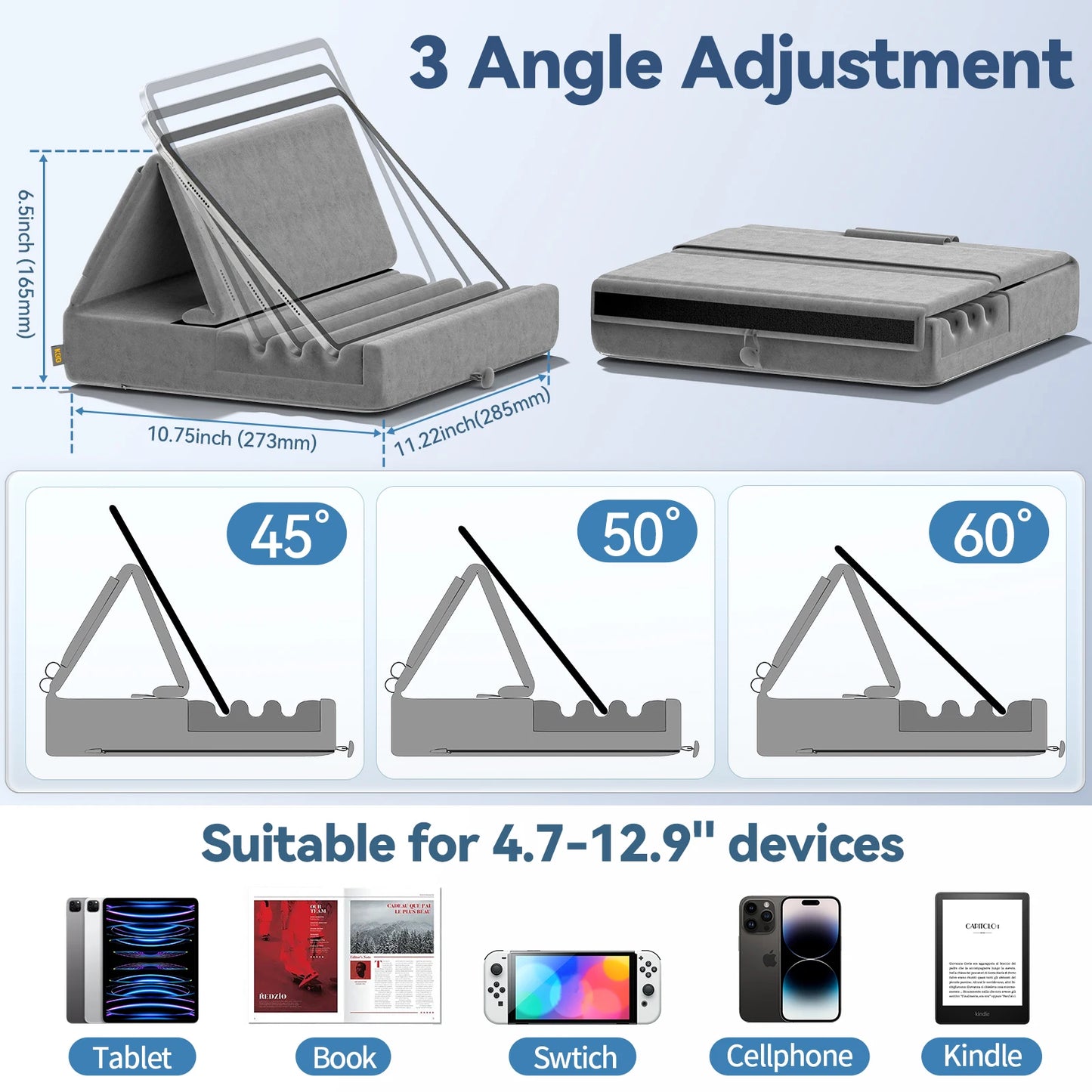 KDD Foldable Tablet Pillow Stand – Soft Lap & Desk Holder with Stylus Pocket for iPad Pro