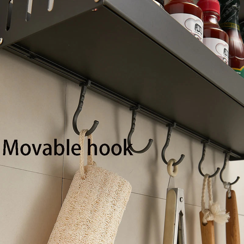 Wall-Mounted Kitchen Spice Rack Organizer with Hanging Hooks – Kitchen Storage Shelf for Condiments