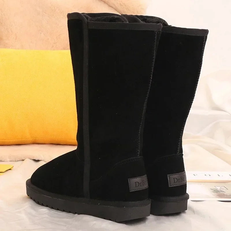 Women’s Classic Winter Snow Boots 2024 – Waterproof Leather Fur Knee-High Boots with Velvet Lining