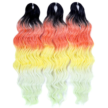FASHION IDOL 24" Deep Wave Crochet Hair - 3-Piece Synthetic Water Wave Braiding Extensions, Ombre Rainbow Twist Hair