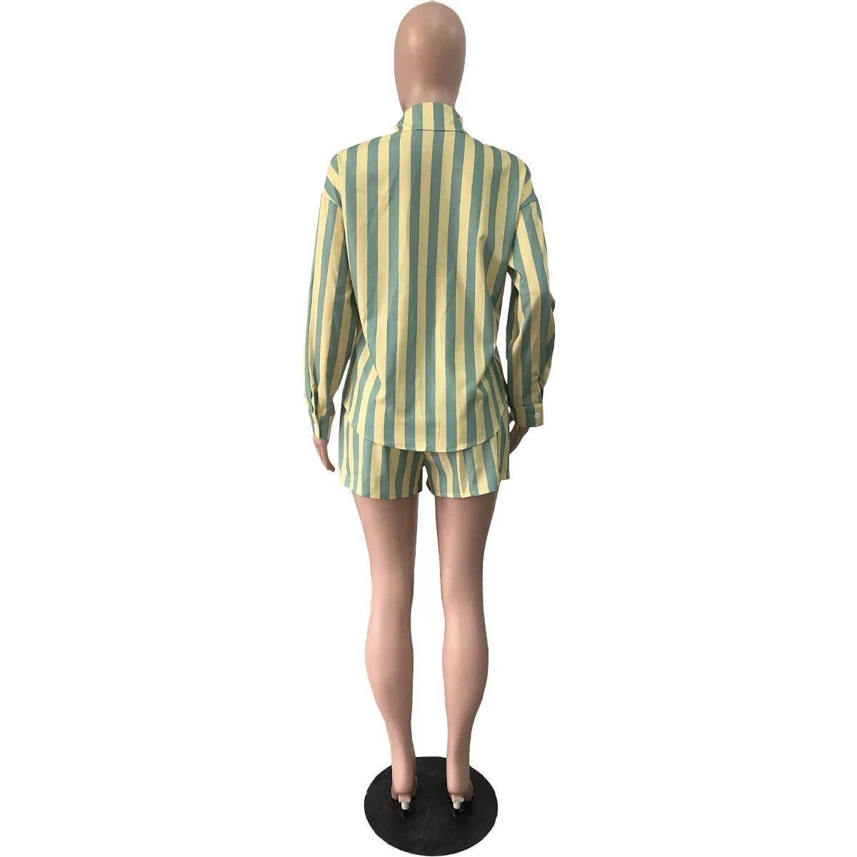 2025 Women’s Casual Striped Shorts & Long Sleeve Shirt Set – Spring Summer Office & Vacation Outfit
