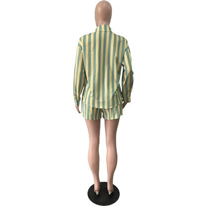 2025 Women’s Casual Striped Shorts & Long Sleeve Shirt Set – Spring Summer Office & Vacation Outfit