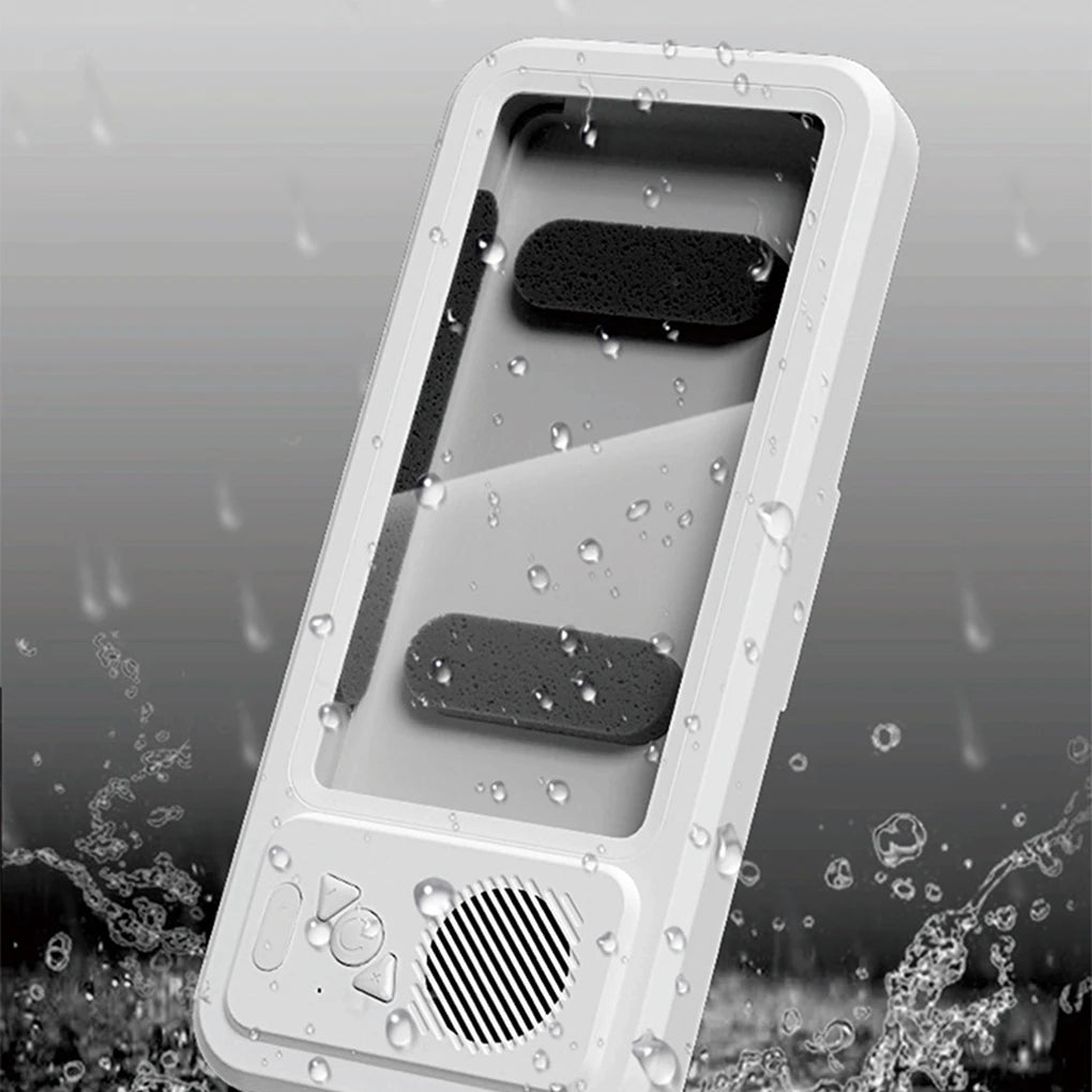 Waterproof Bathroom Phone Holder with Bluetooth Speaker – 360° Rotating Touch Screen Stand for Bath & Shower Entertainment
