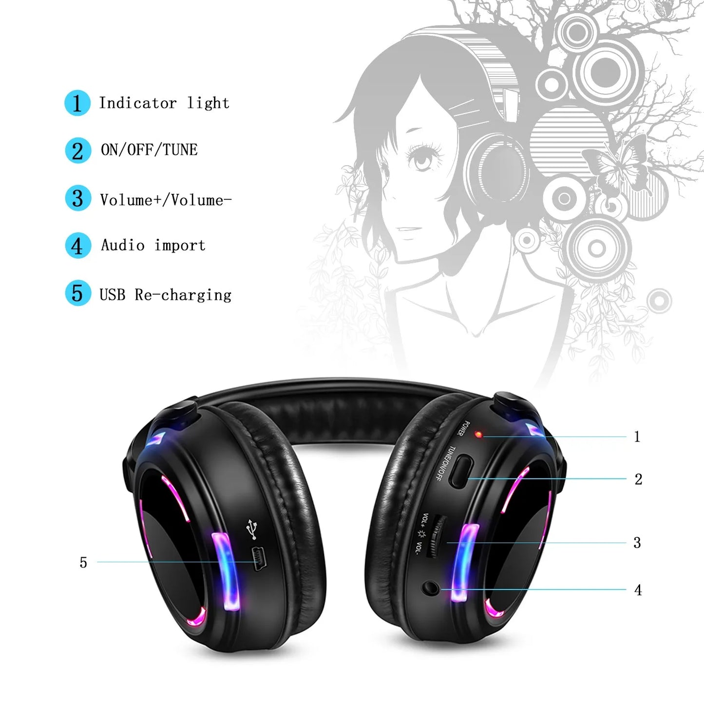 LED Flashing Wireless Headphones - RF Silent Disco Headset for DJ, Club & Party Events