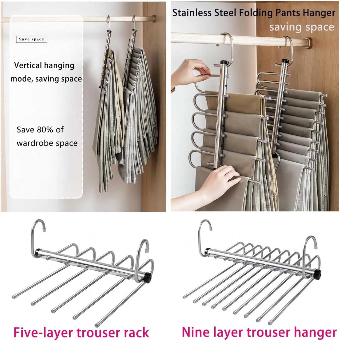 Stainless Steel Multi-Tier Pants Hanger — 5/9 Tier Space-Saving Closet Organizer for Jeans, Trousers, Scarves & Clothes