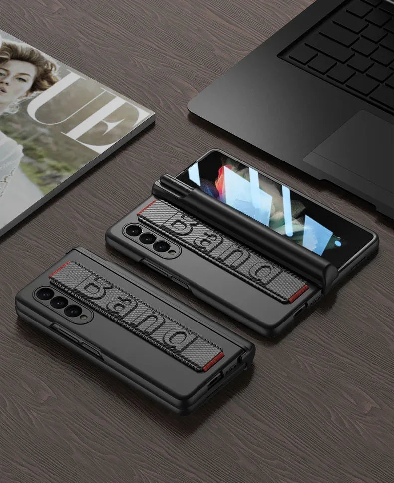 Magnetic Hinge Wrist Strap Case with Pen Slot & Screen Glass for Samsung Galaxy Z Fold 6/5/4/3 – Hard Protective Cover