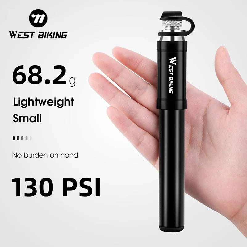 WEST BIKING 130PSI Mini Bike Pump – Portable Aluminum Alloy Hand Air Pump for MTB & Road Cycling, Drop-Proof & Ultralight