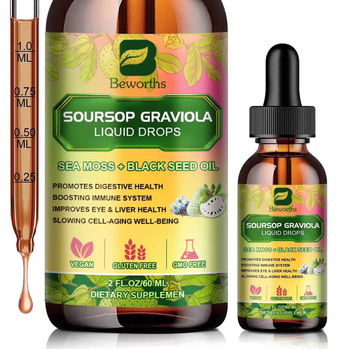 BEWORTHS 60ml Soursop Graviola Extract Drops – Immunity, Kidney Health, Detox & Antioxidant Support, Gluten-Free