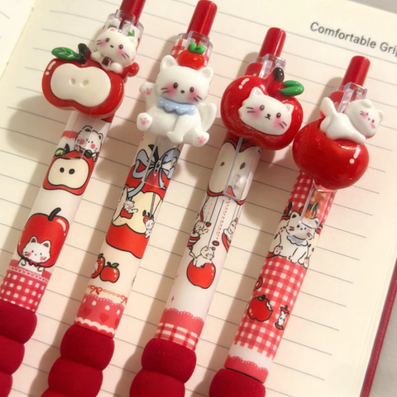 4-Piece Kawaii Apple Cat Gel Pen Set – 0.5mm Black Ink Cute Soft-Grip Pens for School and Office