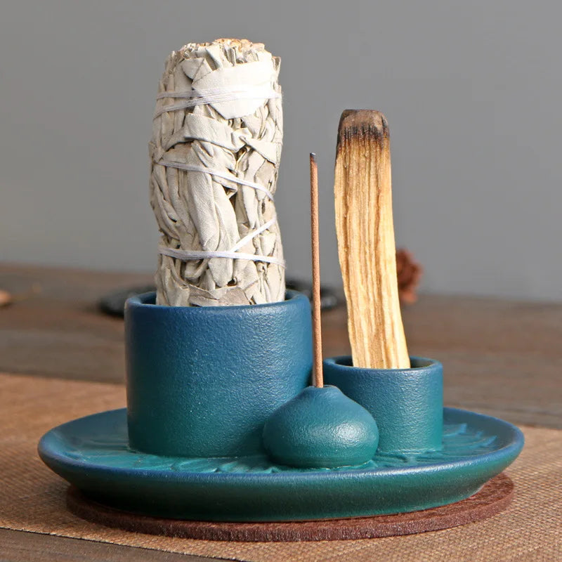 Ceramic Palo Santo Sticks Holder – 4 in 1 Incense Burner, Sage Holder & Ash Catcher Tray for Meditation & Yoga Room