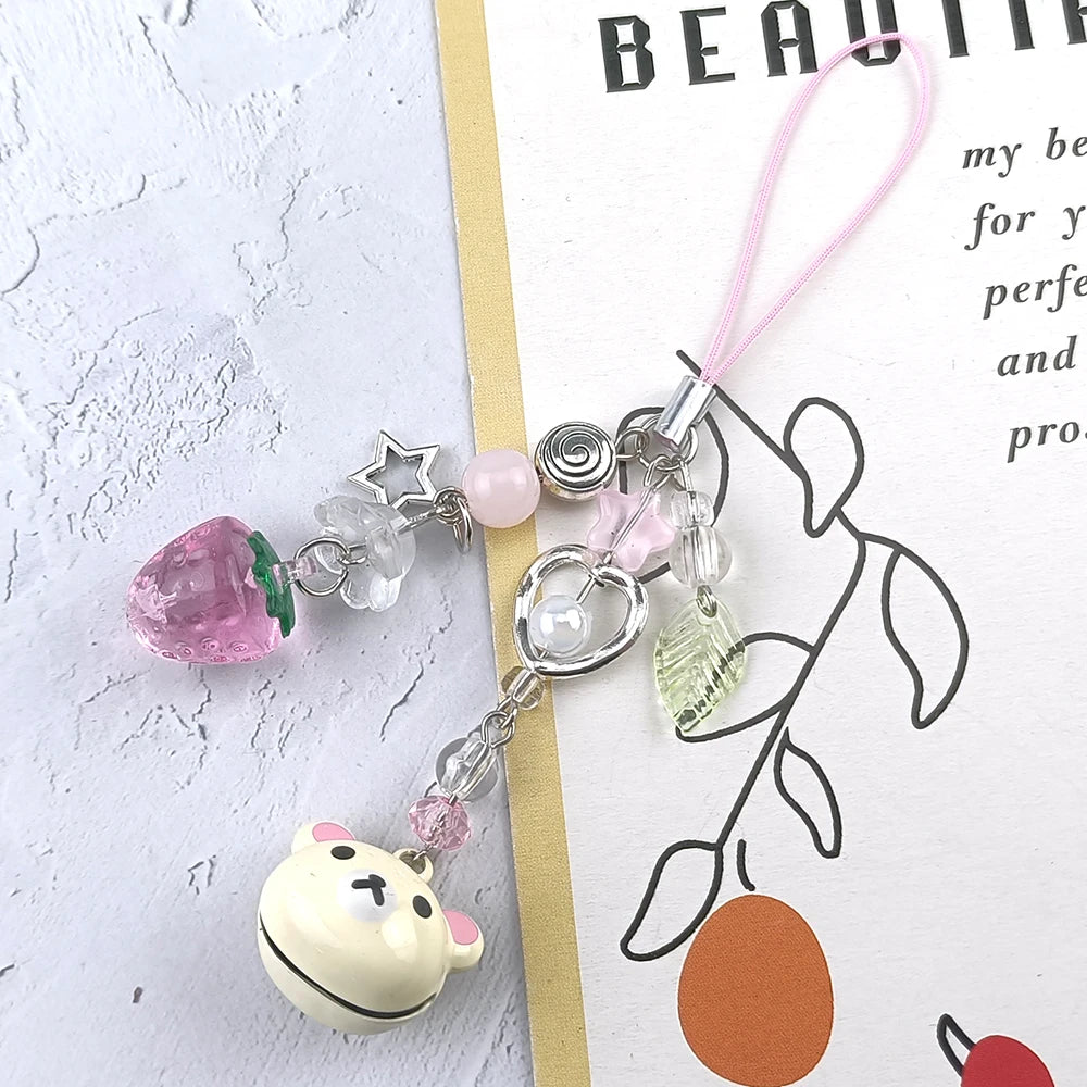 Cute Bell Bear Phone Charm - Y2K Handmade Strawberry Beaded Keychain & Matching Couple Gift Accessory