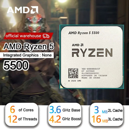 AMD Ryzen 5 5500 CPU Processor - 6-Core, 12-Thread, 3.6GHz, 16MB L3 Cache, 7NM, Socket AM4 (No Fan)