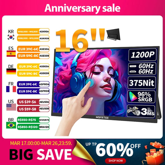 HGFRTEE 16-inch Touch Portable Monitor 16:10 — 96% sRGB, 350cd/m², Type-C/HDMI Laptop Second Screen with Stand