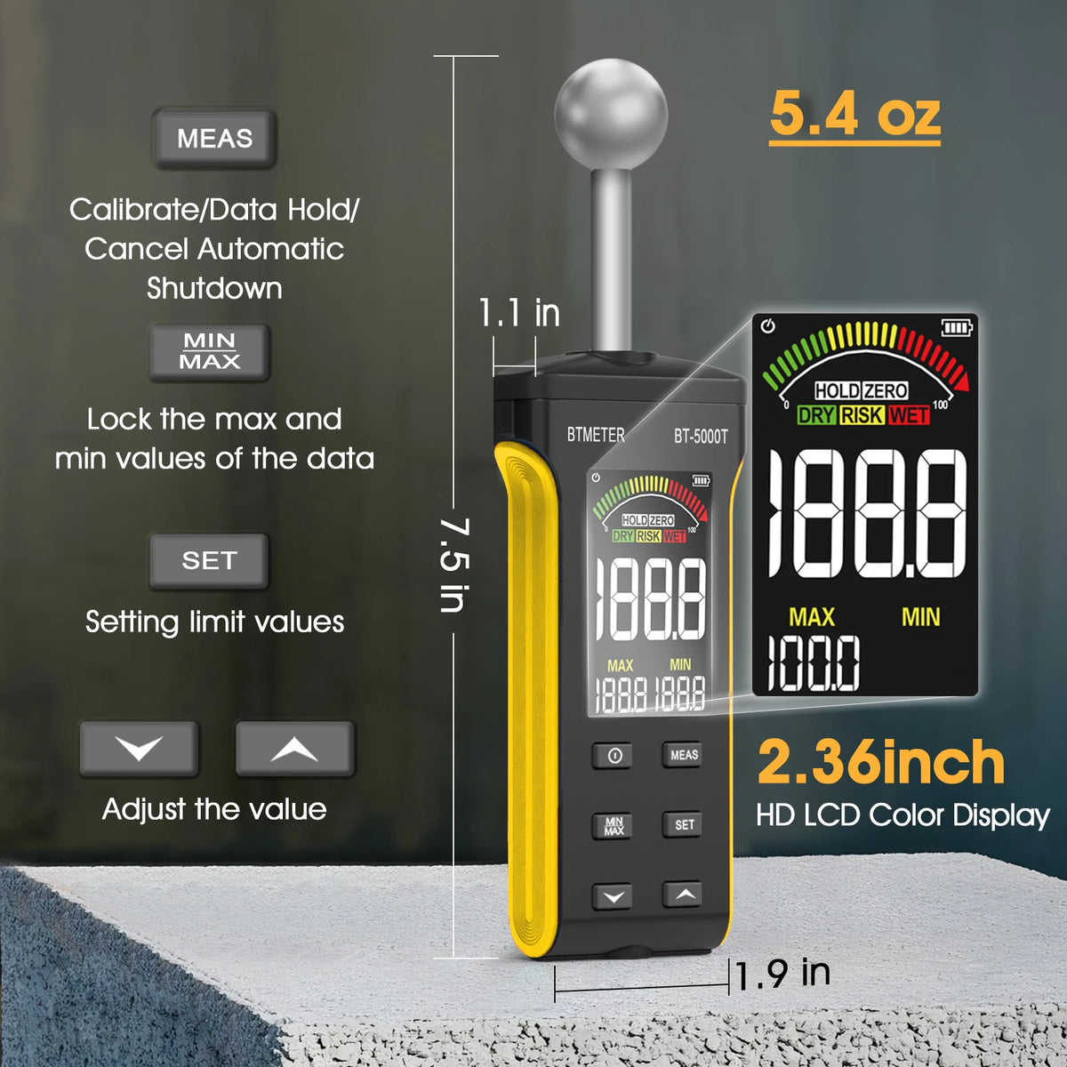 BT-5000T Pinless Wall Humidity Detector - 20–40mm Wood Moisture Meter with WET/RISK/DRY Alarm & Wall Surface Testing