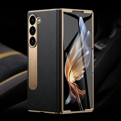 LANGSIDI Leather Case for Samsung Galaxy Z Fold 6/5/4/3 – Gold Plated Magnetic Hinge Cover with Mirror Film & Stand