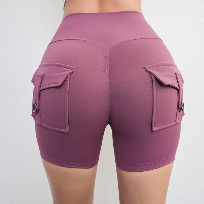 Women’s Peach Butt Fitness Shorts – High-Waisted Lift Yoga Capri Pants with Cargo Pockets, Quick-Dry Summer Workout Leggings