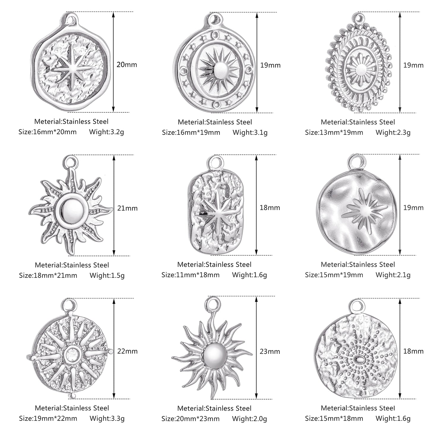 Stainless Steel Sunburst Sun Moon Star Charms Pendant – DIY Jewelry Making for Necklace, Bracelet & Earrings