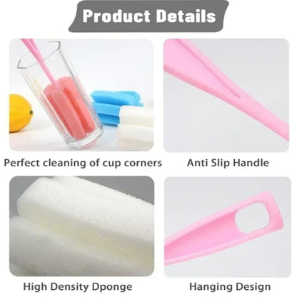 3pcs Cup & Bottle Cleaning Brushes — Sponge & Brush Set for Glass, Wine, Coffee & Tea Cups, Kitchen Cleaning Tool