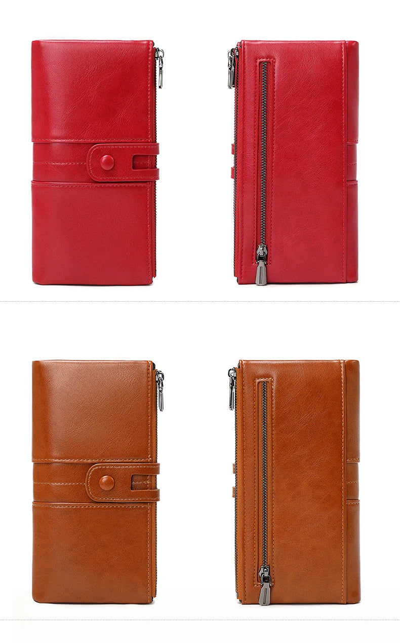 RFID Blocking Large Capacity Wallet – Soft Leather Solid Color Clutch, Multi-Functional Zipper Purse for Women & Men