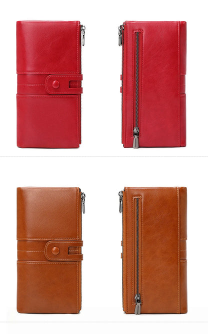 RFID Blocking Large Capacity Wallet – Soft Leather Solid Color Clutch, Multi-Functional Zipper Purse for Women & Men