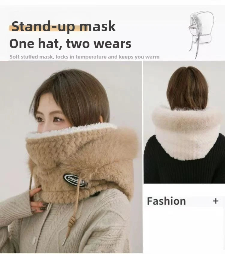 Women’s Winter Plush Hat with Hood & Scarf – Warm Thick Windproof Thermal Cap with Ear Protection for Outdoor Cycling & Riding