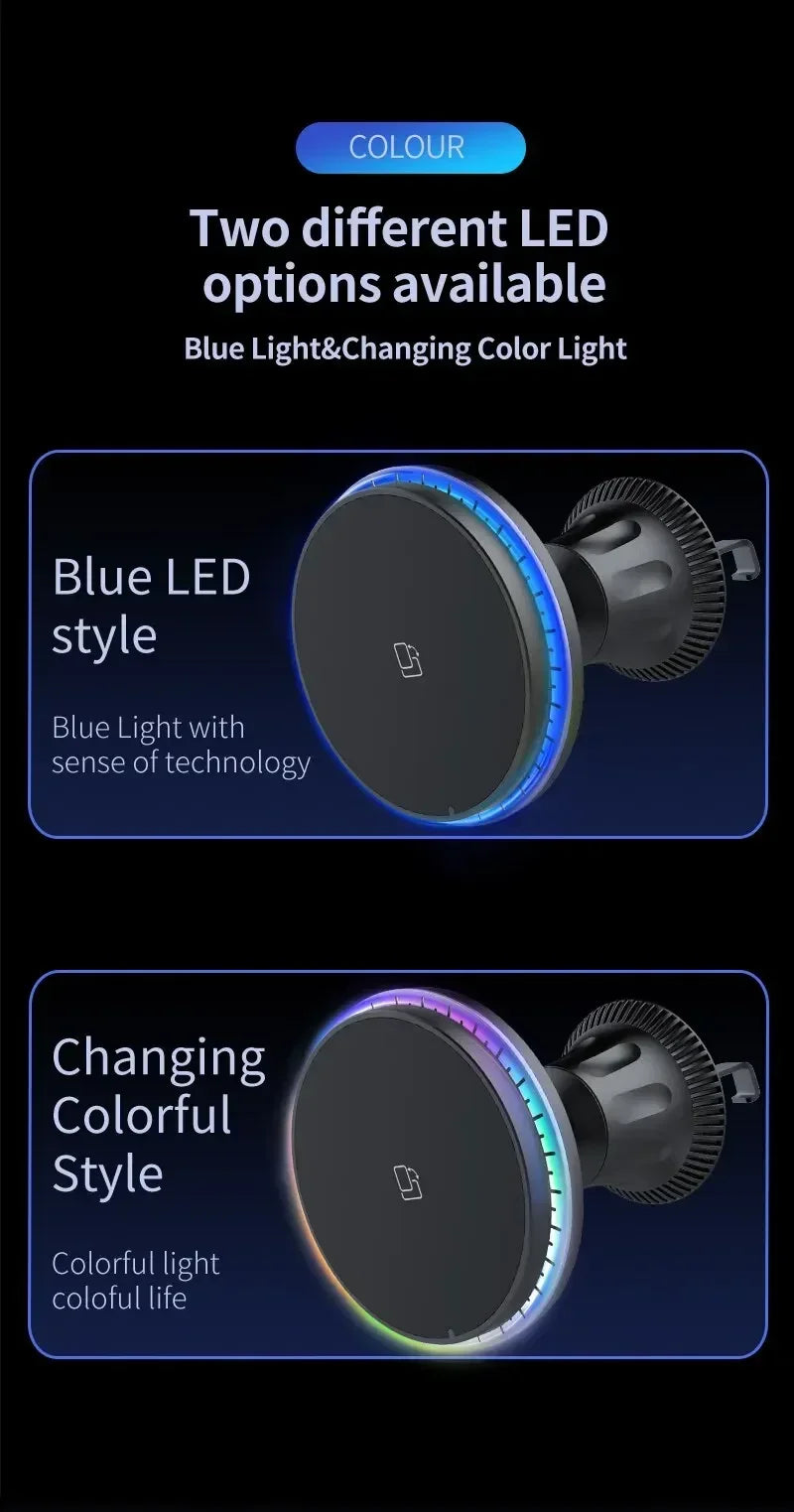30W RGB Magnetic Car Wireless Charger – Fast Charging Stand Mount for iPhone 12-15 Pro Max, MagSafe Compatible