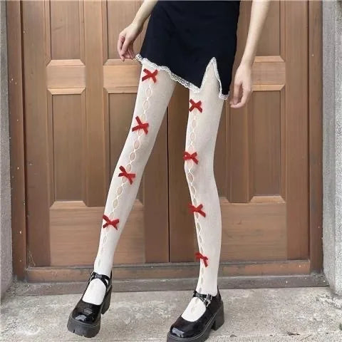 Bowknot Lace Fishnet Pantyhose - Y2K Hollow Out Tights for Women