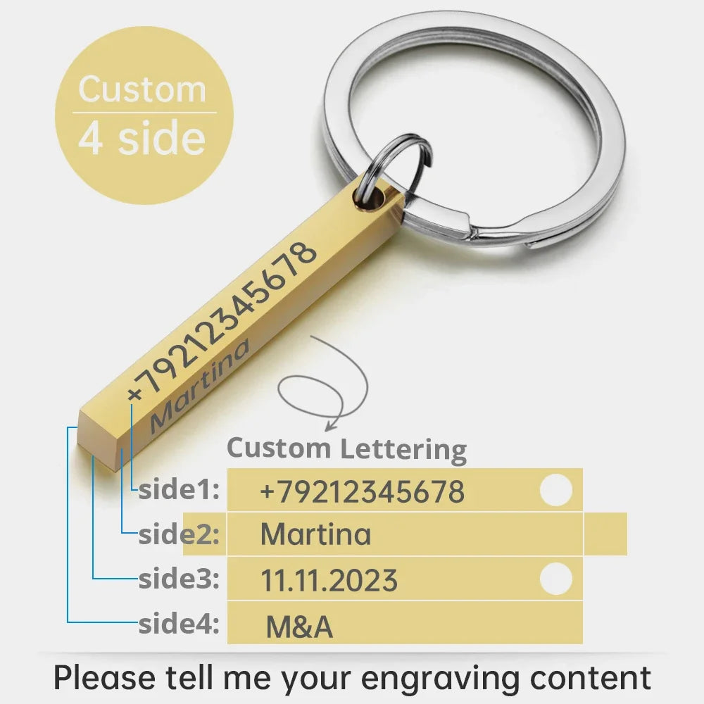 Personalized 3D Bar Keychain - Stainless Steel Engraved Name, Date or Logo Key Ring Gift P039