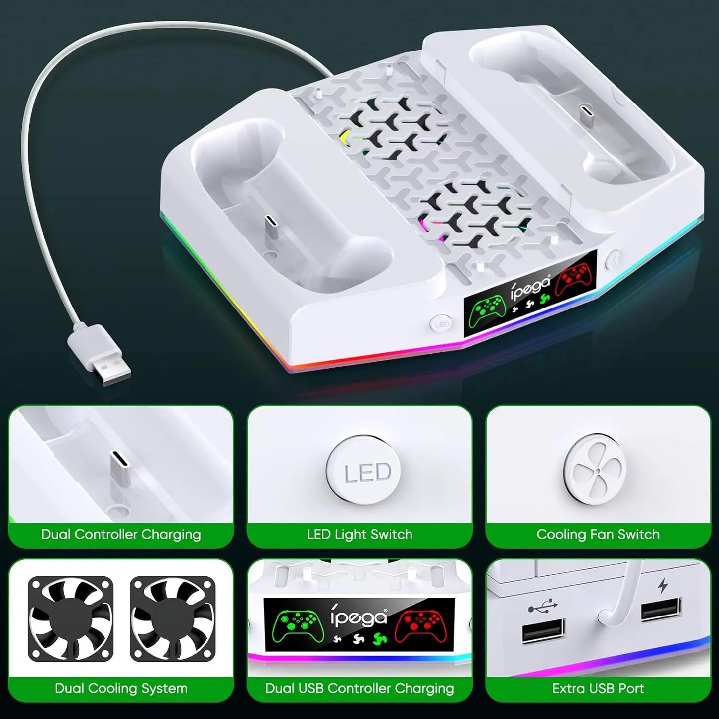 IPEGA Cooling Fan Stand for Xbox Series S – Controller Charging Dock with 15 RGB Lights, Headset Hook, and Charging Station