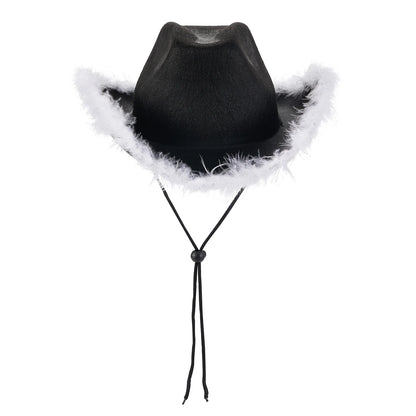 Women's Cowboy Hat – Wide Brim Solid Color with Furry Trim for Parties & Outings