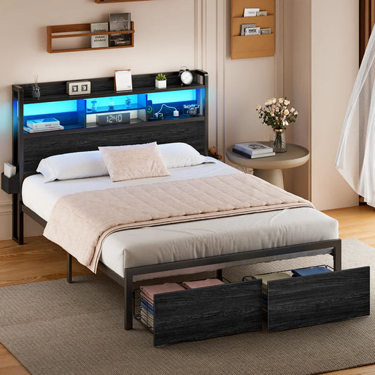 Full/Queen Bed Frame with Storage Headboard – Metal Platform Bed with Drawers, LED Lights & Built-In Charging Station